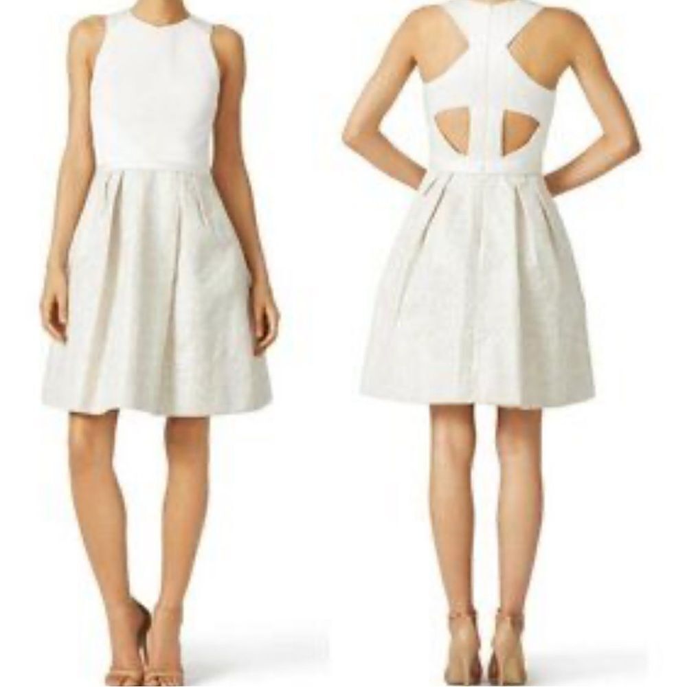 Theia Ivory and Gold Brocade Sleeveless Fit and Flare Cocktail Dress |14